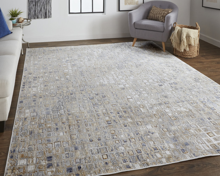 8' x 10' Tan Ivory and Blue Geometric Power Loom Distressed Area Rug