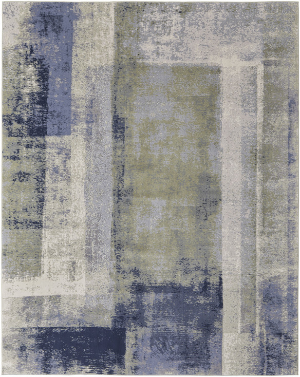 8' x 10' Blue Green and Ivory Abstract Power Loom Distressed Area Rug