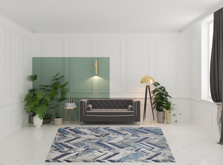 8' x 10' Ivory Blue and Gray Chevron Power Loom Distressed Area Rug