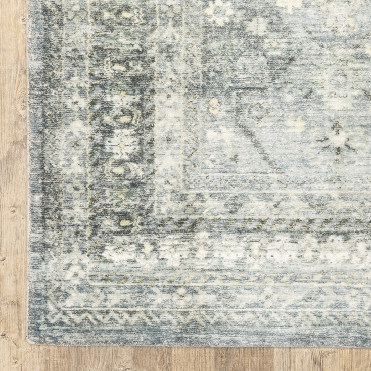 8' x 10' Blue Ivory and Grey Oriental Power Loom Stain Resistant Area Rug