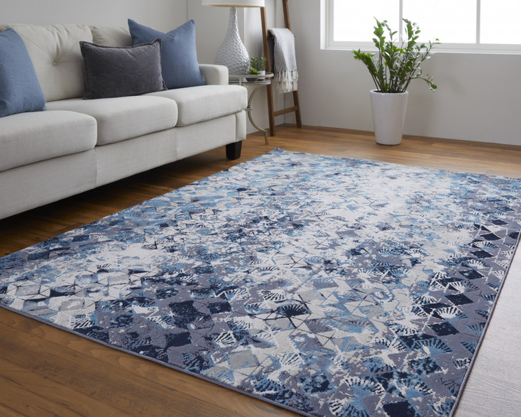 8' x 10' Blue Ivory and Gray Geometric Power Loom Distressed Area Rug