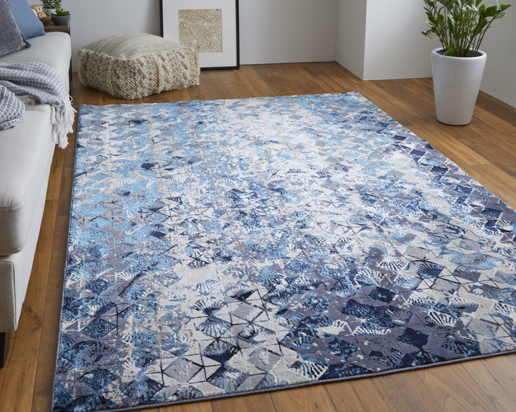 8' x 10' Blue Ivory and Gray Geometric Power Loom Distressed Area Rug