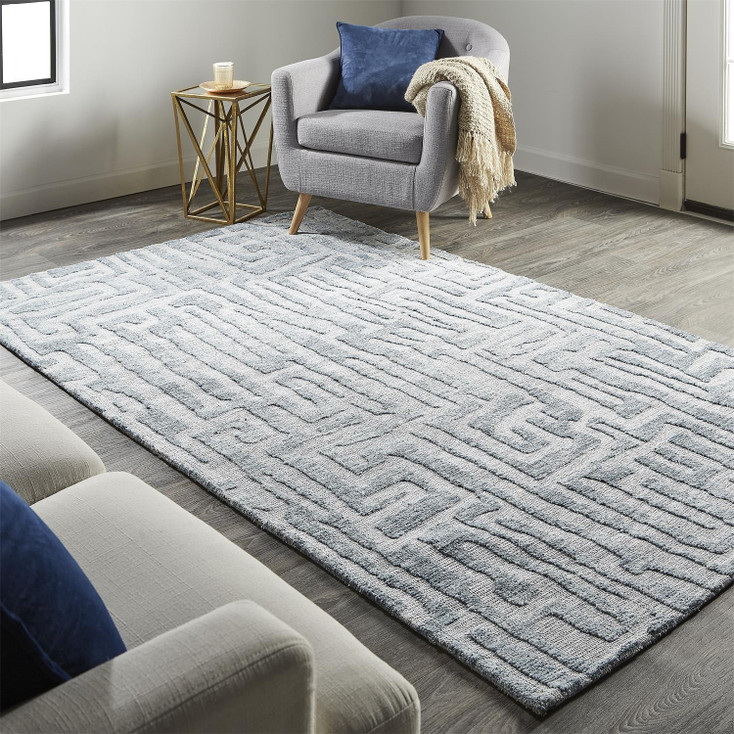 8' x 10' Blue Ivory and Gray Geometric Distressed Stain Resistant Area Rug