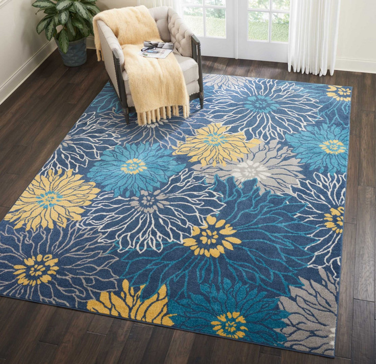 8' x 10' Blue Floral Power Loom Polypropylene Area Rug