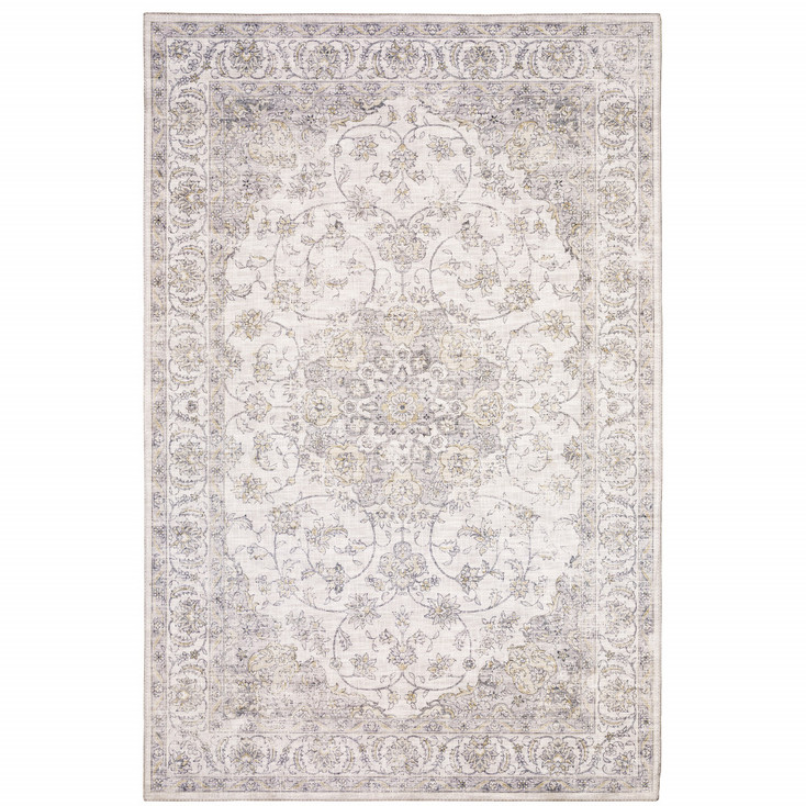 8' x 10' Beige Gold and Grey Oriental Power Loom Stain Resistant Area Rug