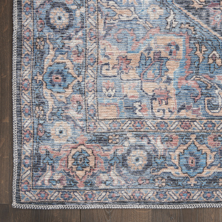 8' x 10' Blue Floral Power Loom Distressed Washable Area Rug