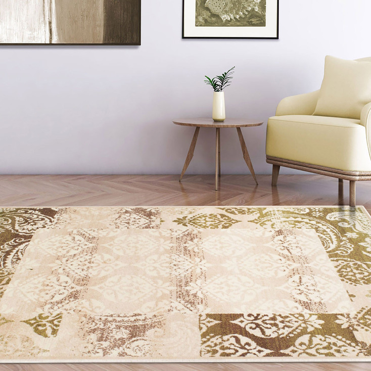 8' x 10' Beige Damask Power Loom Distressed Stain Resistant Area Rug
