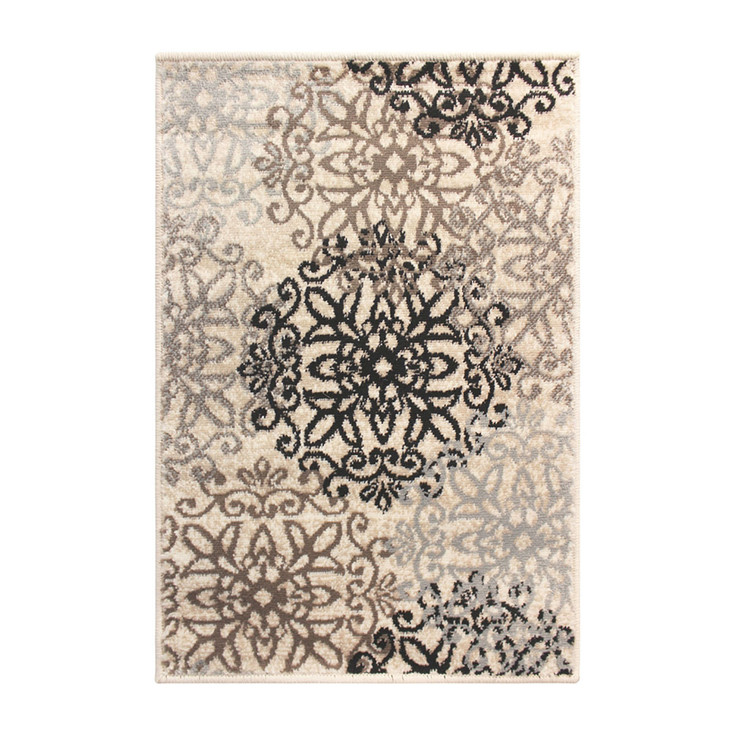 8' x 10' Tan Gray and Black Floral Medallion Stain Resistant Area Rug