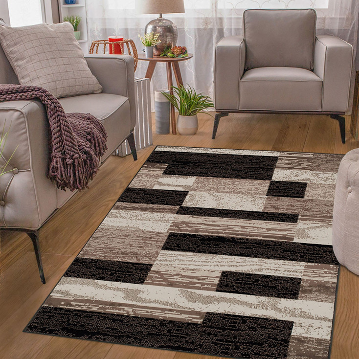 8' x 10' Chocolate Patchwork Power Loom Stain Resistant Area Rug
