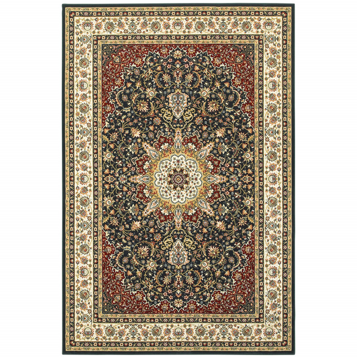 8' x 11' Navy and Ivory Oriental Power Loom Stain Resistant Area Rug