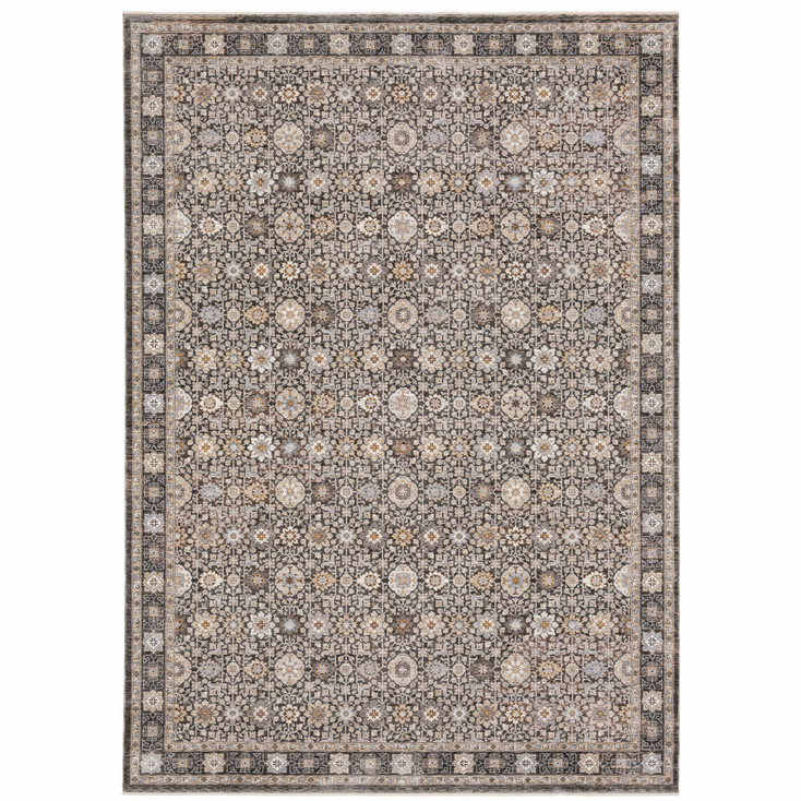 8' x 11' Grey and Ivory Oriental Power Loom Stain Resistant Area Rug with Fringe