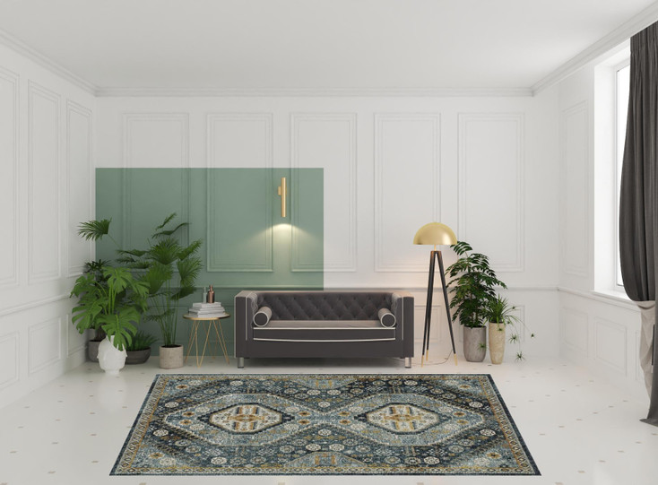 8' x 11' Blue Gold Ivory and Navy Oriental Power Loom Stain Resistant Area Rug