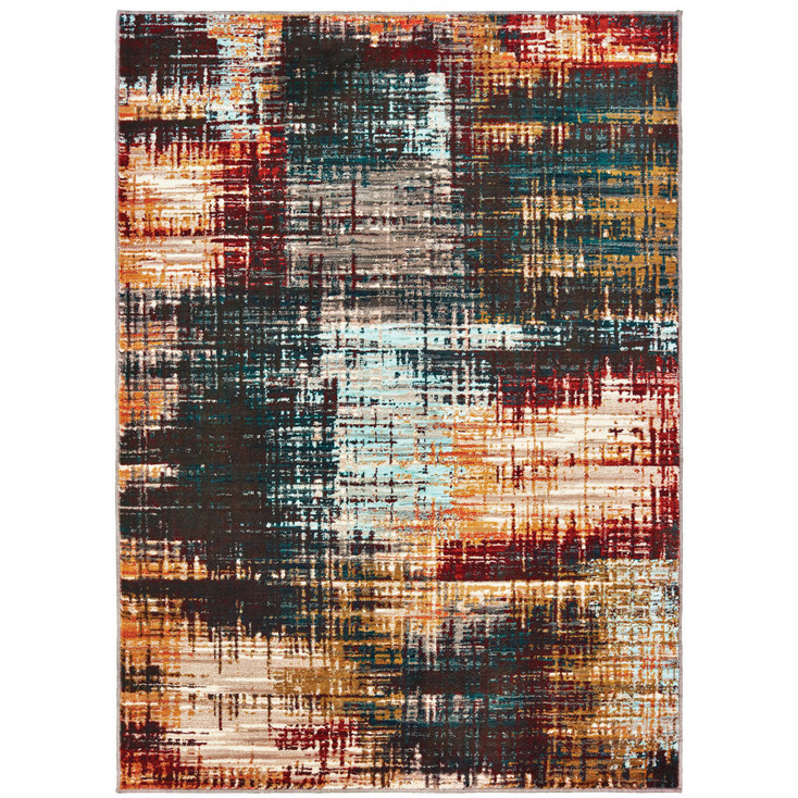 8' x 11' Blue Gold Red and Grey Abstract Power Loom Stain Resistant Area Rug