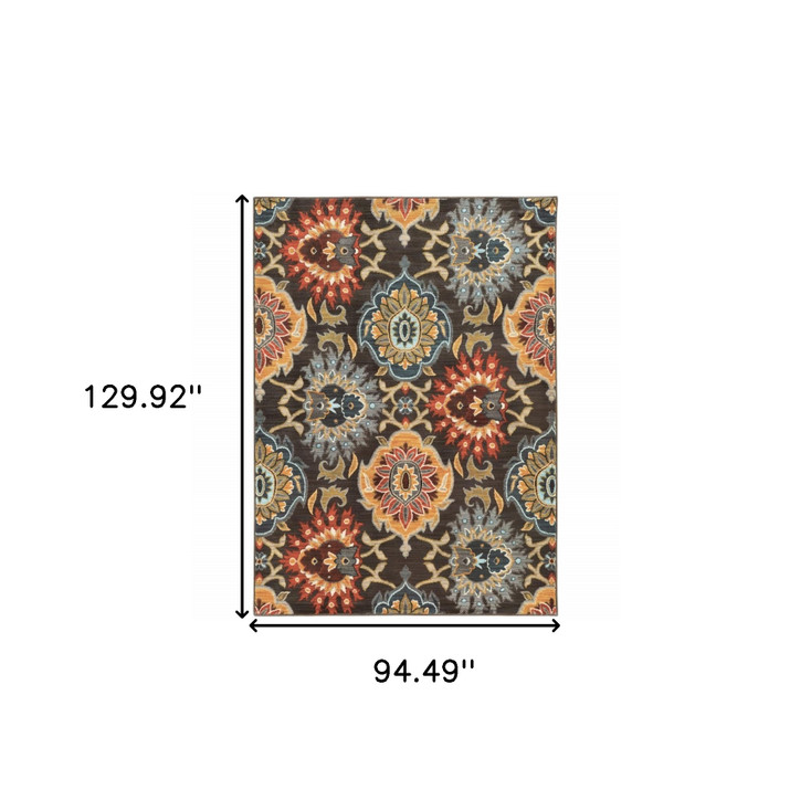 8' x 11' Brown Grey Rust Red Gold Teal and Blue Green Floral Power Loom Area Rug