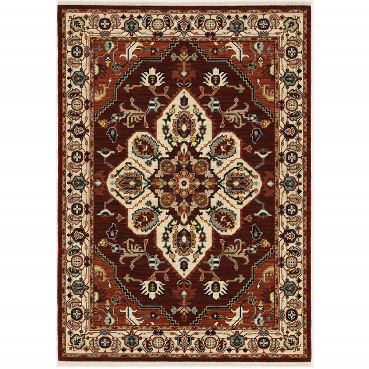 8' x 11' Red Ivory Orange and Blue Oriental Power Loom Area Rug with Fringe