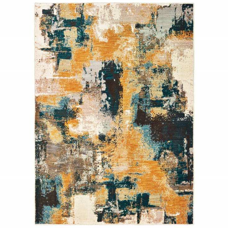 8' x 11' Blue and Gold Abstract Strokes Area Rug