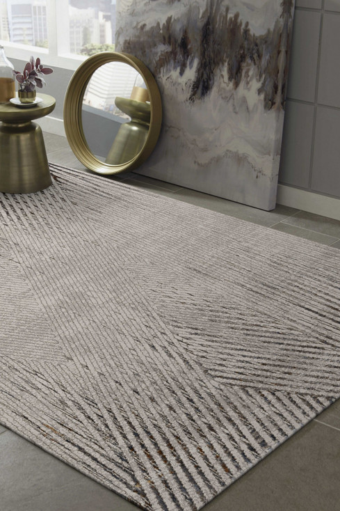8' x 11' Ivory Grey Machine Woven Geometric Lines Indoor Area Rug