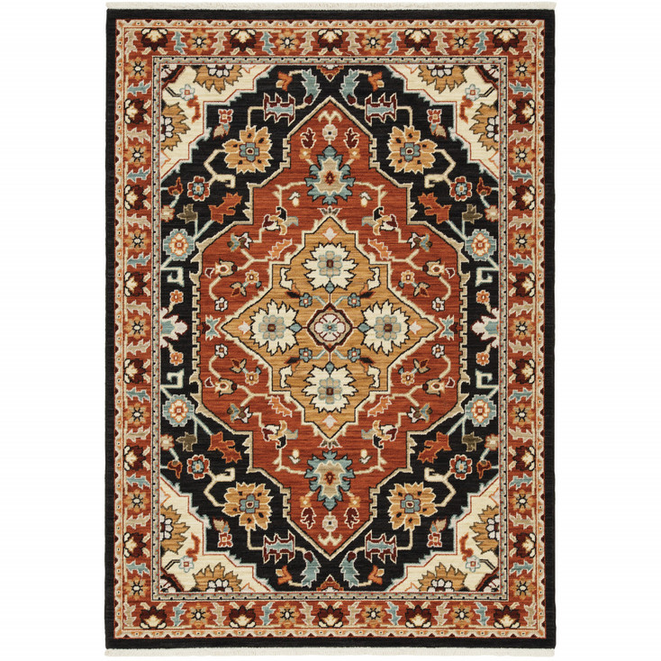 8' x 11' Black Orange and Beige Oriental Power Loom Stain Resistant Area Rug with Fringe