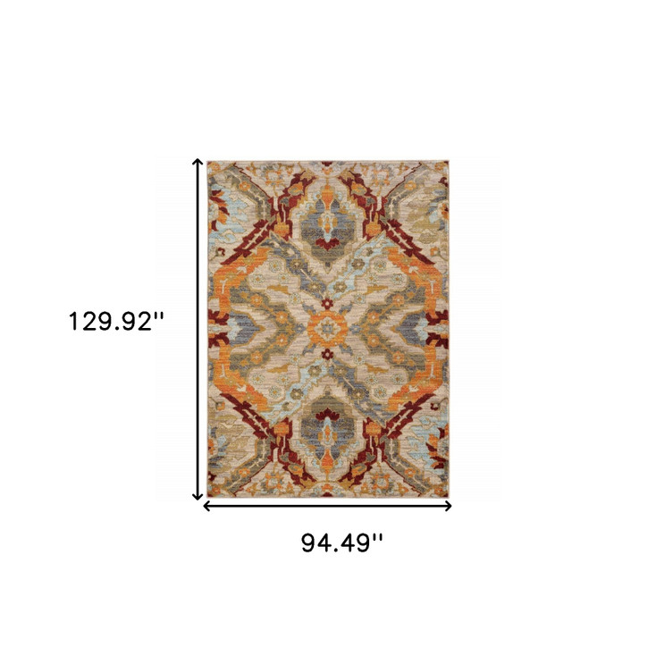 8' x 11' Beige Orange Blue Gold and Grey Abstract Power Loom Stain Resistant Area Rug