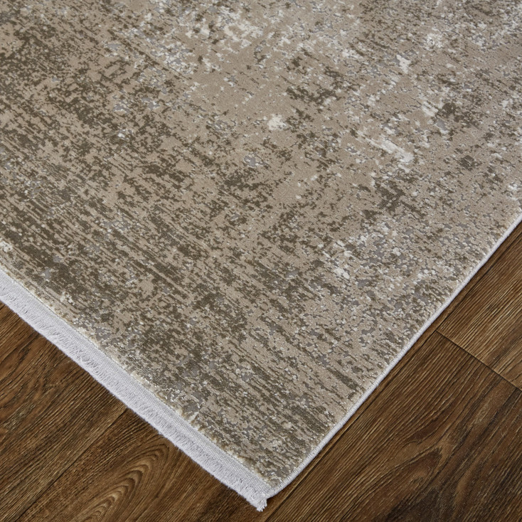 8' x 11' Tan Ivory and Gray Abstract Power Loom Distressed Area Rug with Fringe