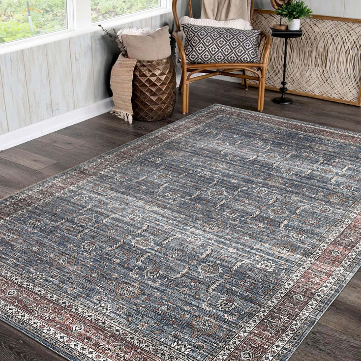 8' x 11' Blue Oriental Distressed Stain Resistant Area Rug