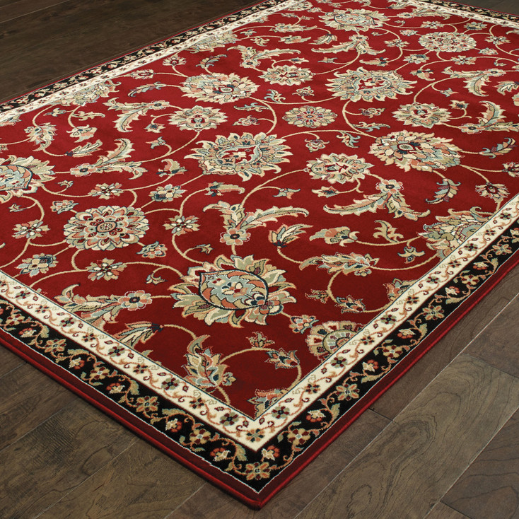 8' x 11' Red Black Blue Ivory Green and Salmon Oriental Power Loom Area Rug