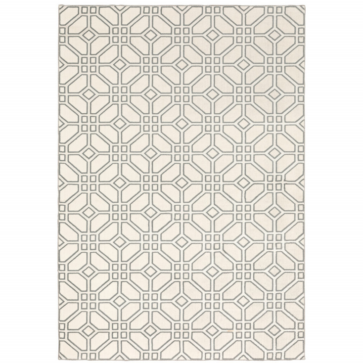 8' x 11' Ivory and Grey Geometric Power Loom Stain Resistant Area Rug