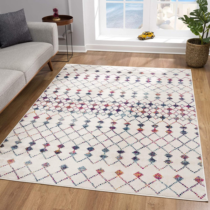 8' x 11' White Modern Geometric Grid Area Rug