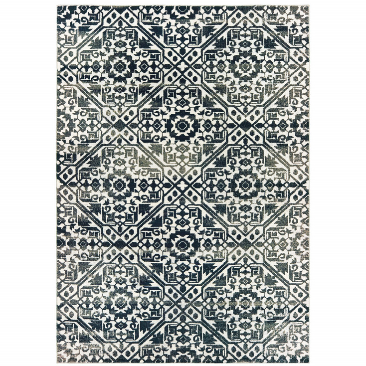 8' x 11' Navy and Ivory Geometric Power Loom Stain Resistant Area Rug