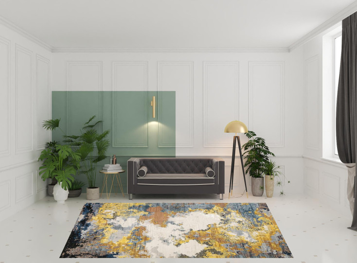 8' x 11' Yellow Gold Blue Grey Brown and Beige Abstract Power Loom Area Rug