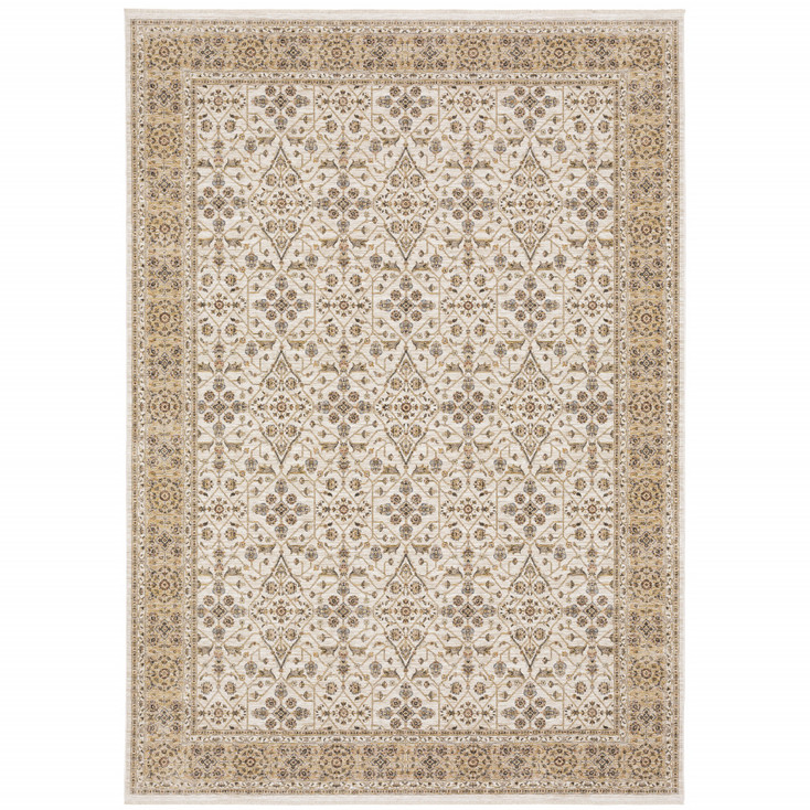 8' x 11' Ivory & Gold Oriental Power Loom Stain Resistant Area Rug with Fringe