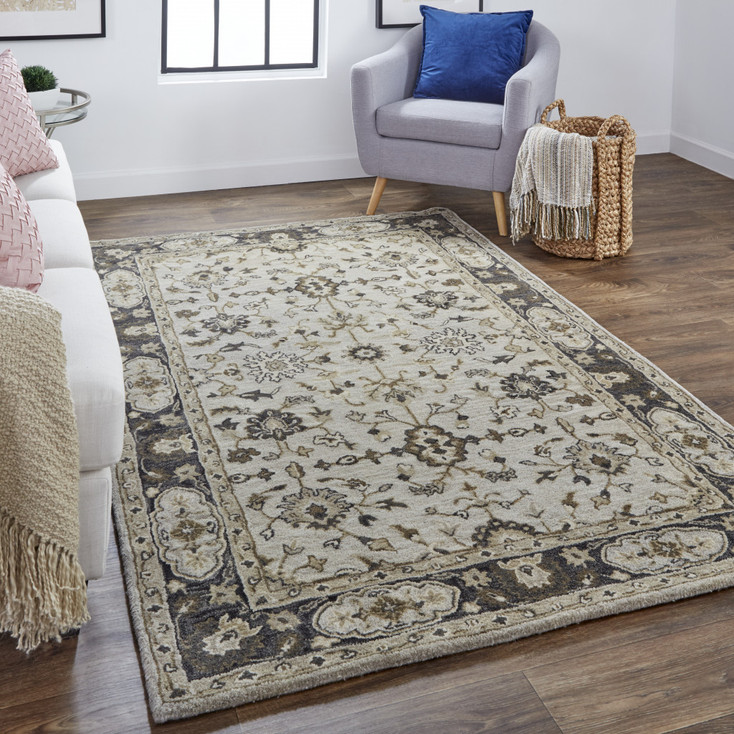 8' x 11' Gray Ivory and Taupe Wool Floral Tufted Handmade Stain Resistant Area Rug
