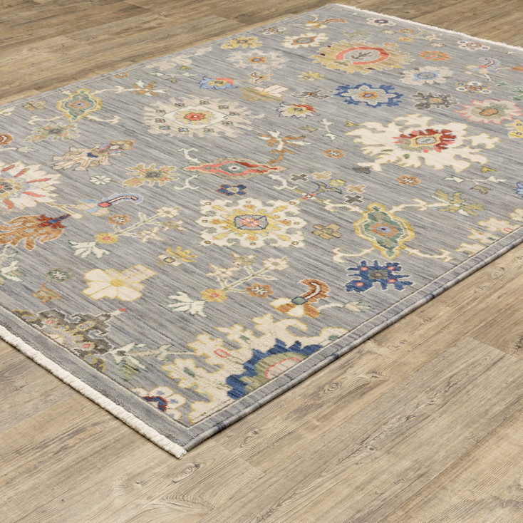 8' x 11' Grey Ivory Gold Salmon Red Blue and Green Oriental Power Loom Area Rug