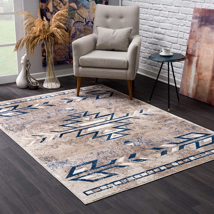 8' x 11' Beige and Blue Boho Chic Area Rug
