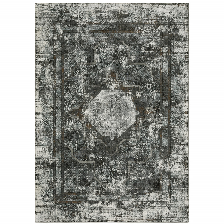 8' x 11' Charcoal Rust Grey Blue Ivory and Brown Oriental Power Loom Area Rug