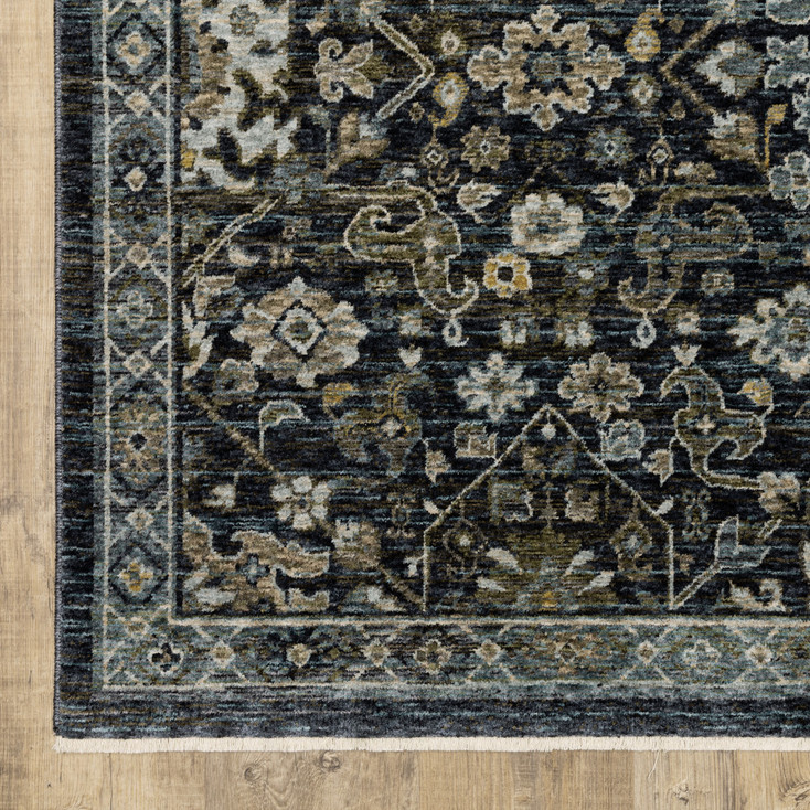 8' x 11' Blue Ivory Grey Gold Green and Brown Oriental Power Loom Area Rug with Fringe