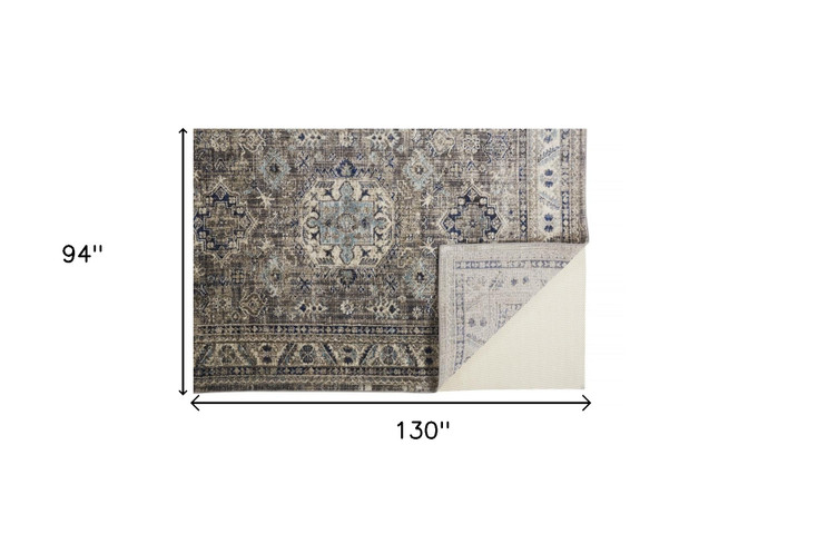 8' x 11' Taupe Gray and Blue Floral Stain Resistant Area Rug