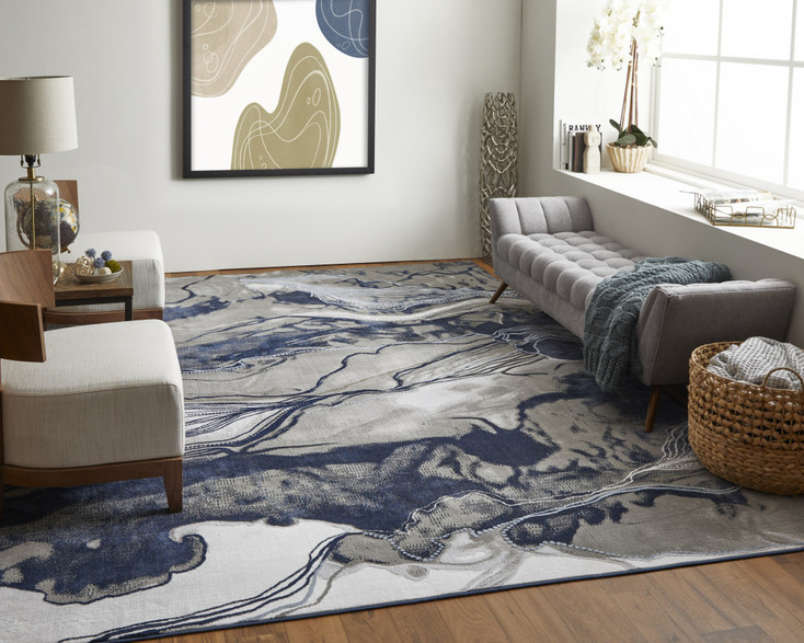 8' x 11' Blue Gray and Ivory Abstract Power Loom Stain Resistant Area Rug