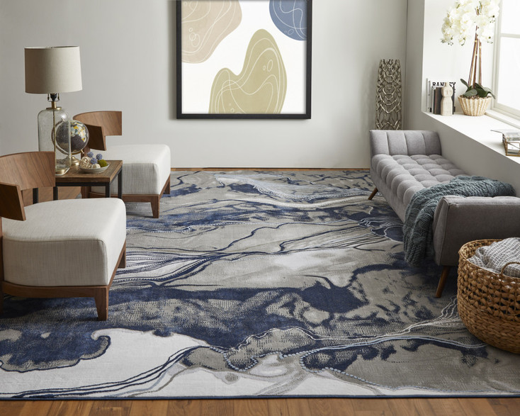 8' x 11' Blue Gray and Ivory Abstract Power Loom Stain Resistant Area Rug