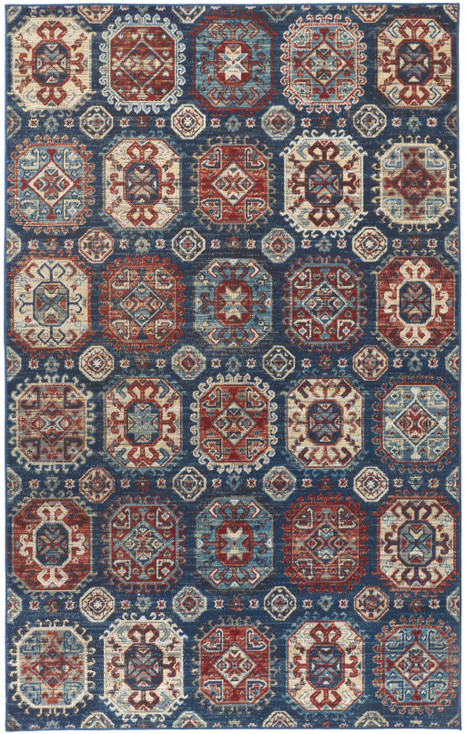 8' x 11' Blue Red and Tan Abstract Power Loom Distressed Stain Resistant Area Rug