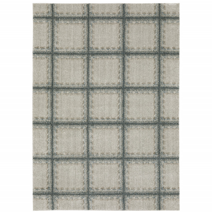 8' x 11' Grey Teal and Beige Geometric Power Loom Stain Resistant Area Rug