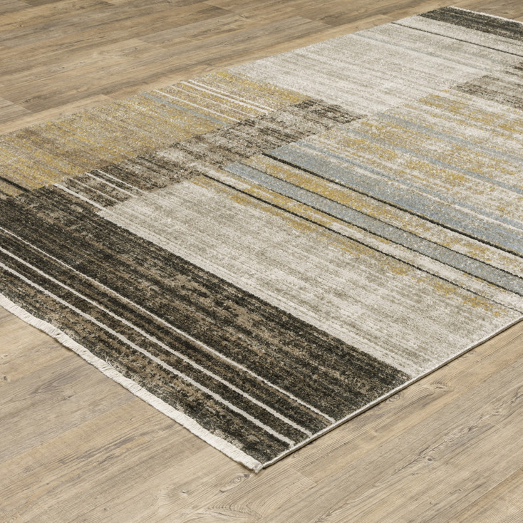 8' x 11' Beige Charcoal Brown Grey Tan Gold and Blue Geometric Power Loom Area Rug