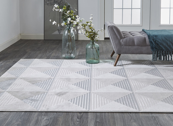 8' x 11' Beige Gray and Ivory Geometric Stain Resistant Area Rug