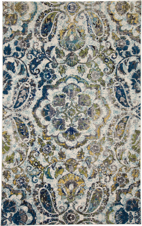 8' x 11' Ivory Blue and Green Floral Stain Resistant Area Rug