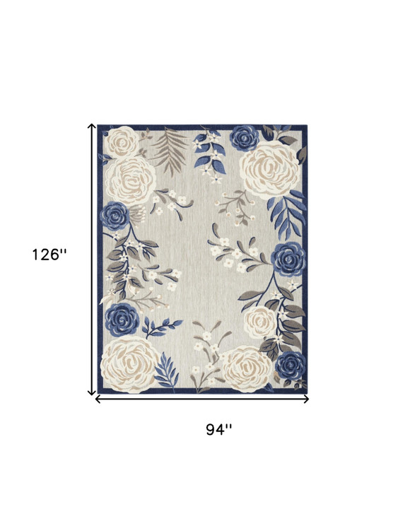 8' x 11' Blue and Grey Floral Stain Resistant Non Skid Area Rug