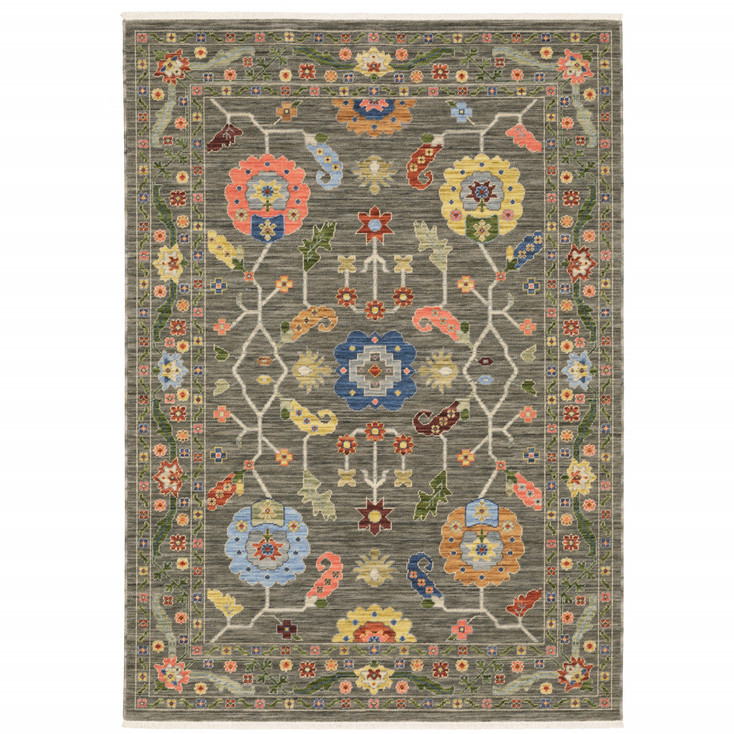 8' x 11' Grey Blue Pink Orange Rust Red Green and Ivory Oriental Power Loom Area Rug