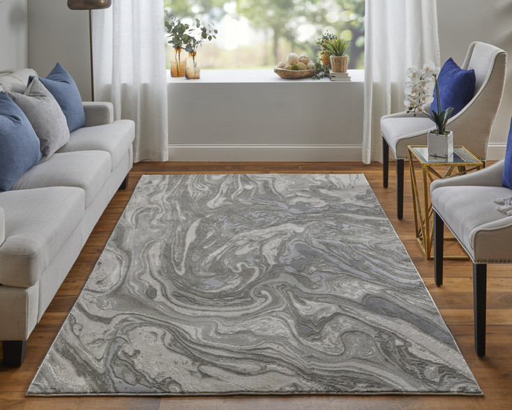 8' x 11' Gray Ivory & Silver Abstract Stain Resistant Area Rug