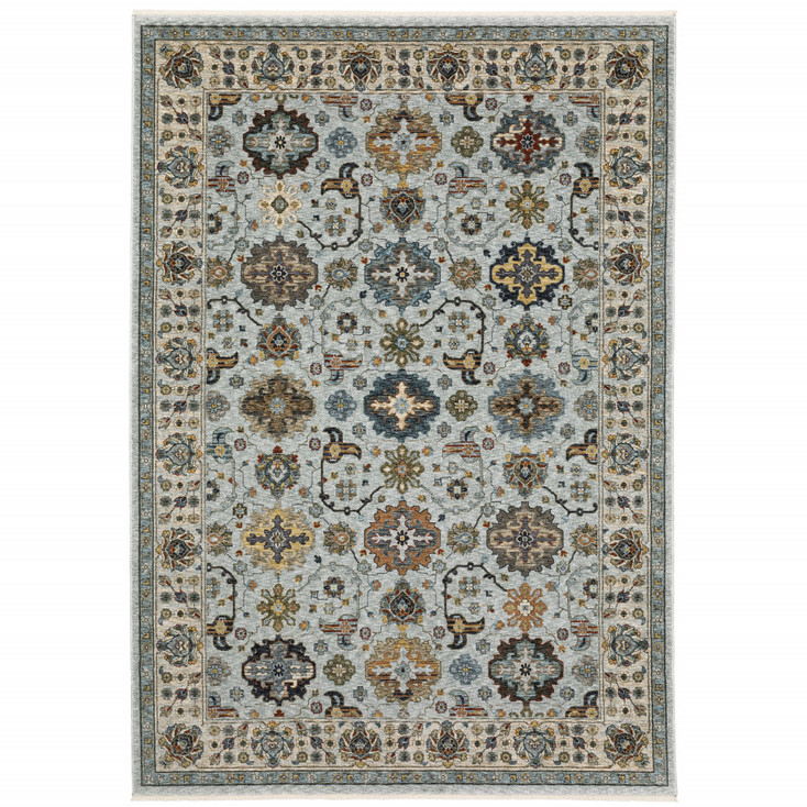 8' x 11' Blue Beige Grey Green Yellow and Rust Oriental Power Loom Area Rug with Fringe