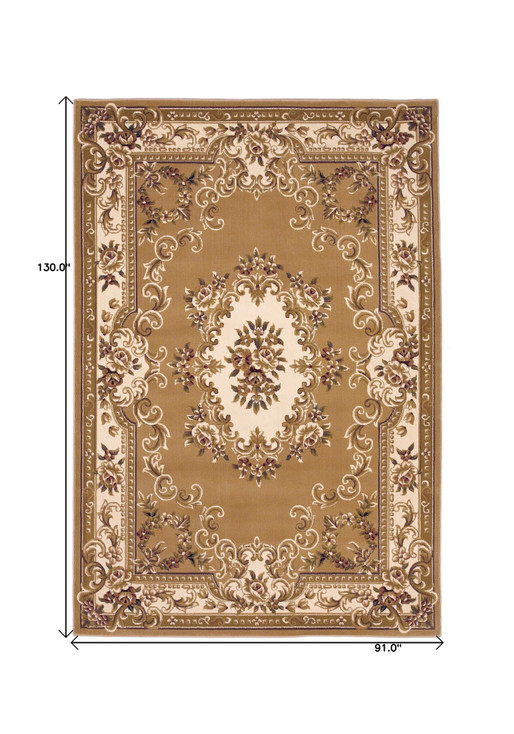 8' x 11' Beige Ivory Machine Woven Hand Carved Floral Medallion Indoor Area Rug