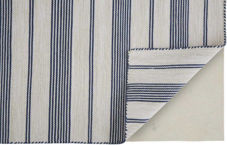 8' x 11' Blue and Ivory Striped Dhurrie Hand Woven Stain Resistant Area Rug